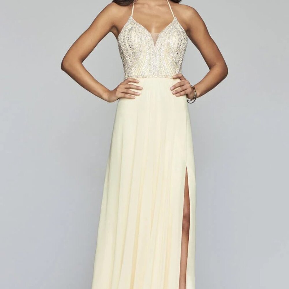 Faviana Pastel Yellow Halter Beaded A-line Lace-Up Chiffon Dress New with Tags - Picture 1 of 10
